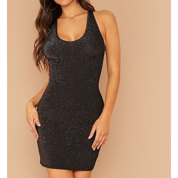 Black Glitter Strappy Back Fitted Party Dress - Picture 2 of 6